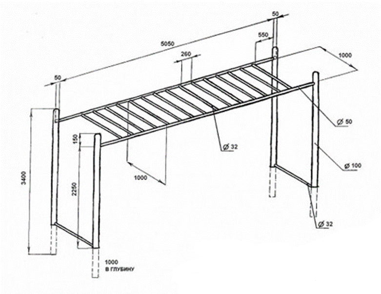 Схема турника с брусьями для улицы с размерами