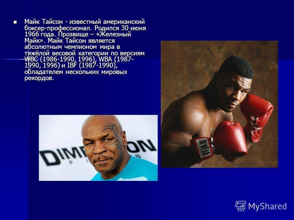 Статистика майка тайсона. Майк Тайсон прозвище. 1966 Майк Тайсон, боксер-профессионал. Проект на тему бокс. Майк Тайсон презентация.